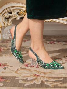 CUCCOO TILAWA Women's Crystal Heel Rhinestone Embellished Green Pointed Toe Pumps Shoes, Suitable For Outings, Banquets, Parties And Other Events - Green - View 3