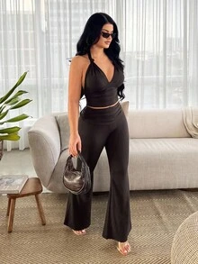 SHEIN SXY 2件套休闲天蓝色吊带上衣和裤子套装 - 咖啡棕 - 查看 4