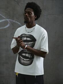 Manfinity ZONE917 男士白色街头风格T恤短袖上衣，黑白嘴巴图案，适合夏季，有趣，适合外出 - 白色 - 查看 5