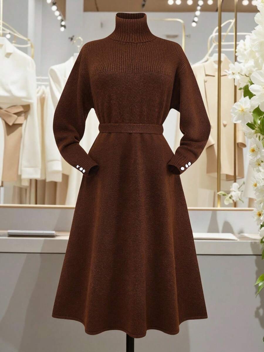 Franclia Elegantes, damenhaftes Strickkleid mit hohem Kragen, Langarm, Gürtel in Taille, Manschetten mit Knöpfen, A-Linie Silhouette, braun, Herbst/Winter