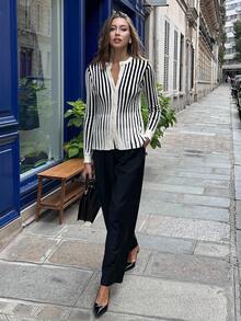 Chiquease Cardigan rayé à manches longues élégant de style français pour femmes, automne - Nude - Voir 6