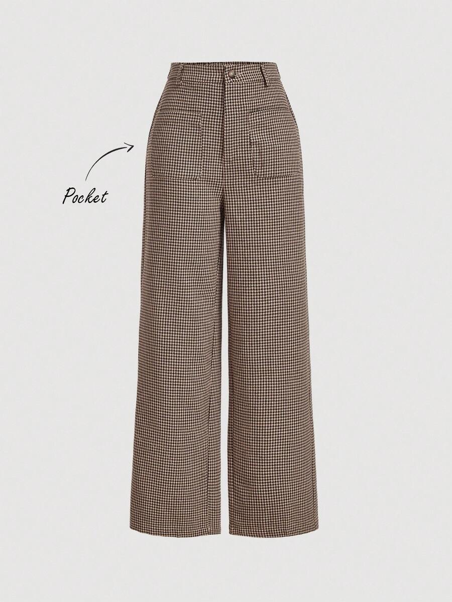 SHEIN MOD Houndstooth Thickened Suit Pants With Front Pocket,Business Casual Women,Khaki Women Pants,Professional Clothes,Women Dress Pants,Uniform Pants,Wide Leg Women Pants In Fall/Winter