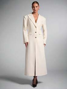 SHEIN BAE Blazer largo de un solo pecho con cintura ceñida de unicolor, blazer largo para mujer, blazer largo elegante, para la oficina, citas de noche en otoño/invierno