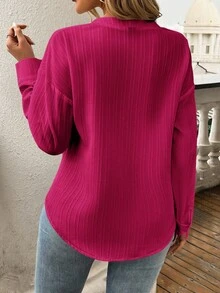 SHEIN LUNE 女款素色缺口領落肩長袖口袋休閒襯衫上衣 女款長版罩衫襯衫 女款襯衫 女款罩衫 - 中紫紅色 - 查看 4