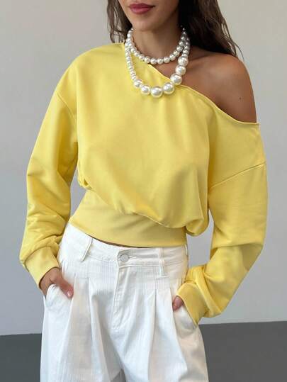 Aloruh Sudadera casual de mujer de unicolor con hombros caídos y manga larga, de moda para el otoño