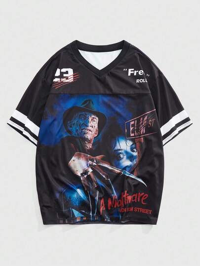 A Nightmare on Elm Street X ROMWE Men's Casual Loose Fit Horror Character & Numeric Letter Print Oversized T-Shirt, Summer