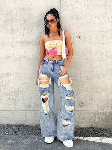 SHEIN 少女Y2K低腰锐舞90年代水洗街头斜插口袋破洞镂空宽松直筒牛仔裤，度假，Y2K宽松牛仔裤，Y2K牛仔裤，镂空牛仔裤，破洞牛仔裤，酸洗牛仔裤，秋冬 - 淺色水洗藍 - 查看 3