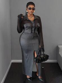 Maweii Conjunto de falda de cintura alta con diseño de rayas y blusa de manga larga con cuello para mujer de talla grande - Blanco y Negro - Ver 6