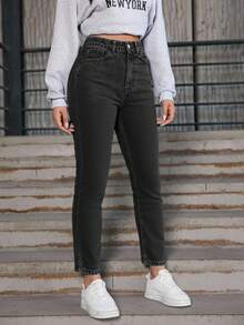 EURMUSE High Waist Straight Leg Denim Jeans - Dark Grey - View 5