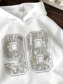 Tween Girl Casual Hooded Thick Sweatshirt, College Style Numeric & Camouflage Leaf Print, Campus Vibe, Citywalk, Street Atmosphere, Leisure Campus Sports Style, Suitable For Autumn/Winter Fall