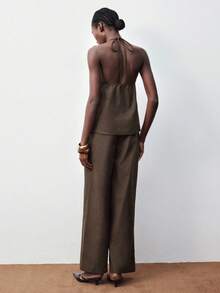 Maija Coffee Brown,Summer,Chic,Vacation,Holiday Women Backless Crop Top & High Waisted Wide Leg Pants Matching Set,Urban Minimalist Old Money Party Outfit - Brown - View 3