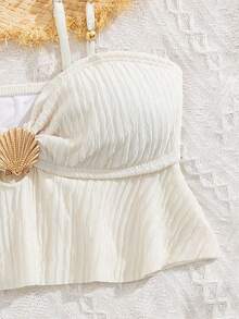 SHEIN Summer Beach Vacation Adorable Ruffle Trim 2pcs Girls Swimsuit Set, Teens Summer Holiday - Apricot - View 3