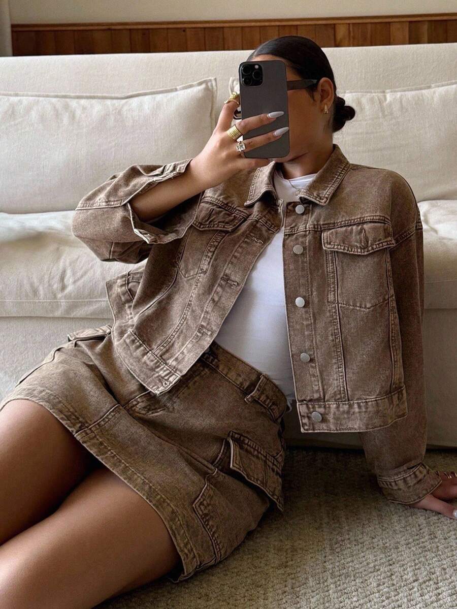 Dripcurv 大码女式浅棕色无弹力牛仔外套，休闲宽松版型，复古风格，适合新年穿着。 - 卡其色 - 查看 1