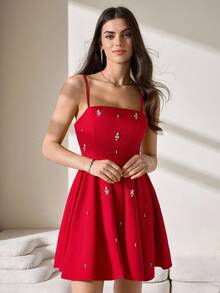 BAE Embellished Black Spaghetti Strap Fit-And-Flare Dress With Rhinestone Details, Special Designed Dress, Elegant Dress - Red - View 5