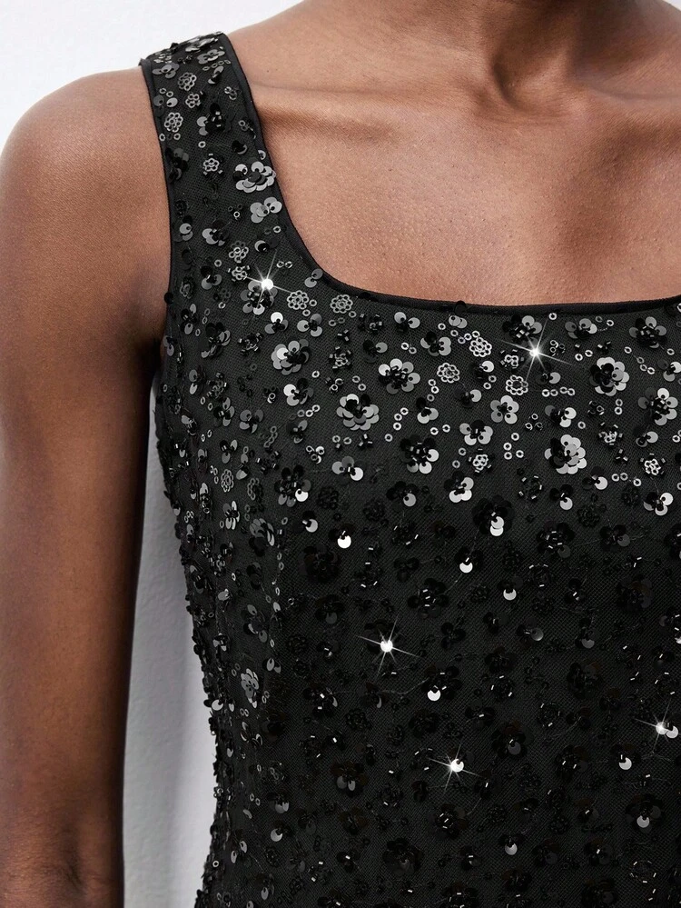 SHEIN Maija Black Sequin Floral Waist Sleeveless Women's Mini Dress, Chic Urban Party Fashion Sequin Dress Stylish Clothing Collection Sparkly Dress Summer Dresses