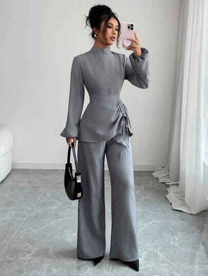 SHEIN Elenzya 2 件套优雅休闲立领灯笼袖收腰上衣和阔腿裤，适合教师，春秋季