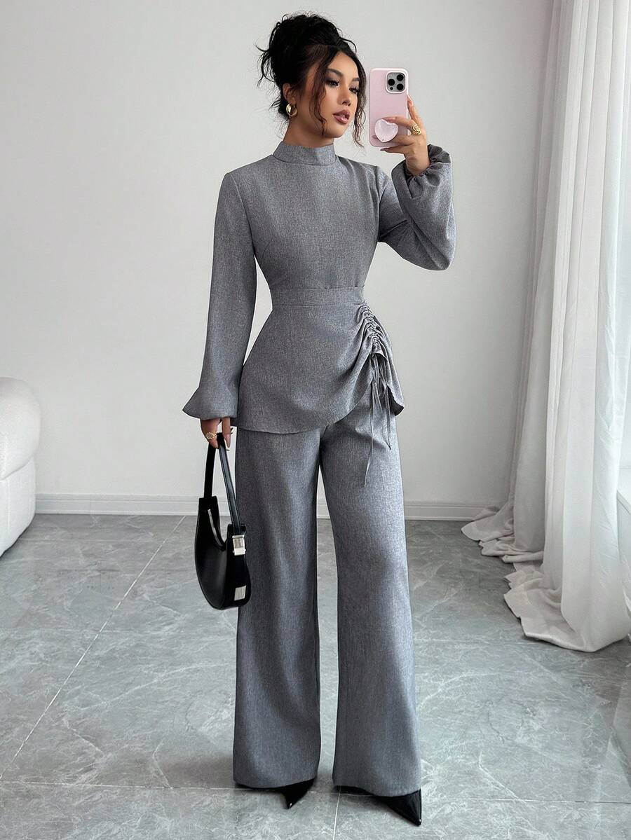 SHEIN Elenzya 2 件套优雅休闲立领灯笼袖收腰上衣和阔腿裤，适合教师，春秋季 - 灰色 - 查看 1