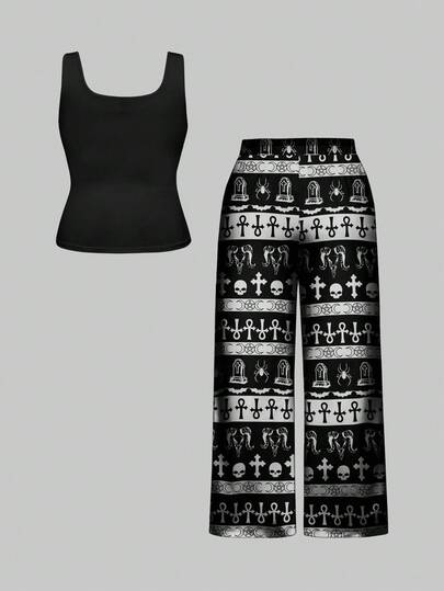 Goth Ensemble de Top sans manches et pantalon de détente avec imprimé tout-sur-tout de tête d'Anubis gothique et croix égyptienne ancienne, grande taille
