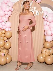 Loomaby Đầm trễ vai tay dài màu trơn thanh lịch cho bà bầu với họa tiết hoa 3D - Màu Hồng baby - Xem 6