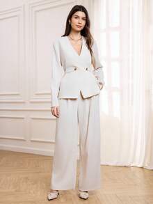 Miaspire Women's Elegant 2 Pieces Set, Includes Cinched Waist Cardigan Top And Straight Leg Pants, Apricot Color Fabric, Professional Commuter Outfit, Autumn/Winter,Women's Winter Set White Suits For Woman Two Piece Set Women Elegant S For Wedding Formal Two Piece Set,Chic Women's Set, Fall Clothes For Women,White Set New Year