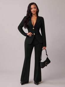 Radiana Women's Elegant Business Black Long Sleeve Suit Set, Gold Button Decor Waist Fitted Blazer + Slim Flare Pants 2 Pieces Outfit, Casual Business Attire Suitable For Commuting, Office, Workplace, Party, Daily Wear, Formal Occasions, Slim Fit, Figure Flattering - Black - View 3