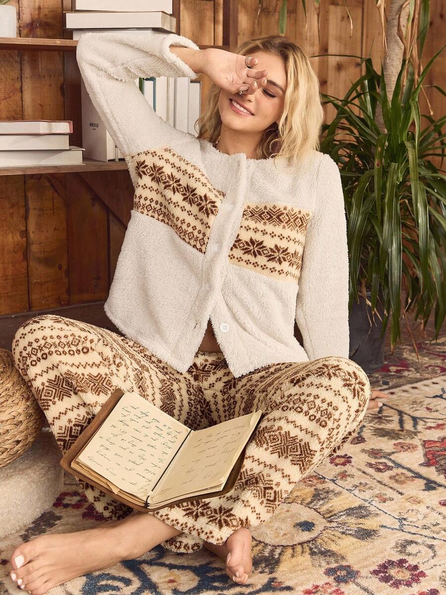 Women Geometric Pattern Long Sleeve Button-Up Fleece Top And Pants Fluffy Pajama Set Lounge Sets For Women Comfy Cozy Sets Women Fluffy Pajama Sets For Women Winter Women Lounge Set, Fall Winter Clothes - Multicolor - View 1