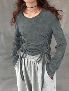 FRIFUL Women's Round Neck Long Sleeve Casual Loose T-Shirt With Drawstring Hem Gray Top Long Sleeve Top Cinched Waist Top Tie Up Top Ruched Top - Grey - View 3