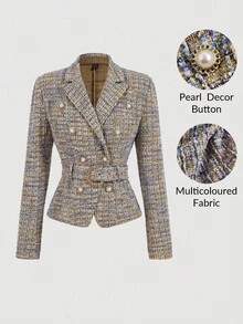 SHEIN MOD 女士优雅平驳领双排扣西装外套，秋冬夹克，复古夹克，冬季女装，冬季女式大衣