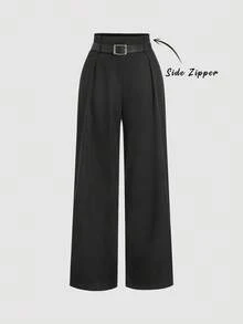 SHEIN MOD 女士都市现代宽松阔腿裤，黑色，简约百搭，适合商务通勤、秋冬季办公室穿着 - 黑色 - 查看 1