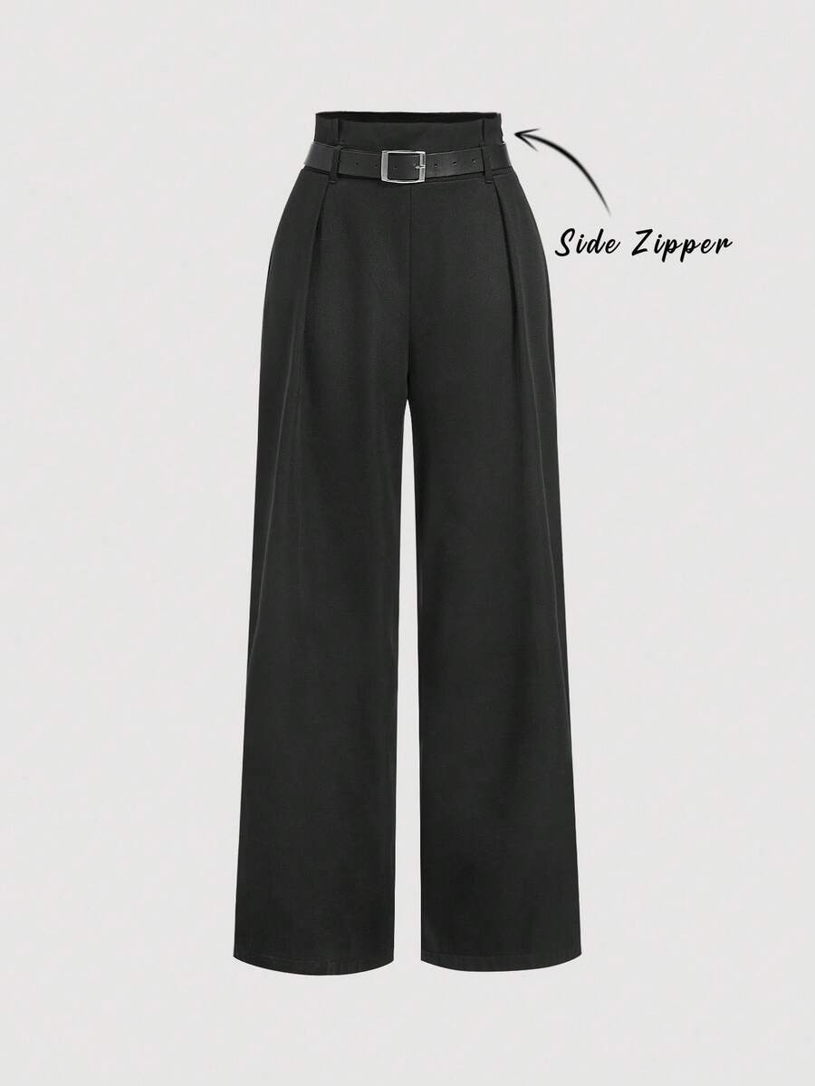 SHEIN MOD 女士都市现代宽松阔腿裤，黑色，简约百搭，适合商务通勤、秋冬季办公室穿着 - 黑色 - 查看 1
