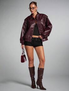 SHEIN BAE Women's Solid Color Long Sleeve Zip-Up Collar Casual PU Leather Jacket, Autumn, Women Leather Jacket, Burgundy Leather Jacket, Oversized Leather Jacket,Fall - Burgundy - View 6