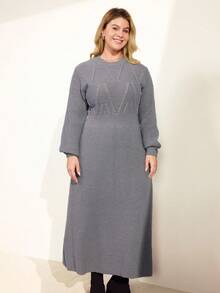 Momelise 全新女式法式圆领束腰优雅麻花针织长袖连衣裙 - 灰色 - 查看 7