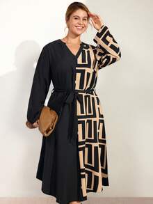 Momelise Damen V-Ausschnitt Farbblock Langarm Kleid, Lässig Wear - Verschiedenfarbig - Übersicht 7