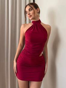 Aloruh Vestido Curto Mulheres Cor Sólida Franzido Decote Halter Costas Abertas