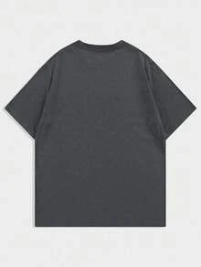 ROMWE MEN Men's Cartoon Anime Character & Slogan Print Round Neck Short Sleeve Casual T-Shirt - Dark Grey - View 2