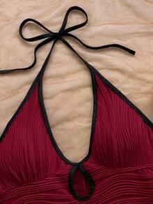 Soleia Women's Casual Vacation New V-Neck Halter Tie Bow Front Hollow Out Black & White Contrast Trim Bodycon Ribbed Jumpsuit, Versatile For Party, Date, Afternoon Tea, Beach