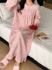DAZY Sweet Allover Cherry Print Ruffle Trim Nightgown Pajama, Moo Moo Sleep Dress, Fall, Winter - Pink - View 1