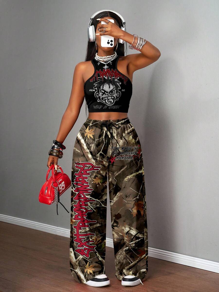 Slaydiva 女士秋装/女士冬装/女装外出上衣/Y2k 服装/街头服饰/2 件套女士休闲街头紧身吊带背心和宽松裤子套装/适合街头风格/适合臀部 - 彩色 - 查看 1