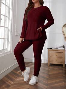 SHEIN Cottnline Plus Size Comfortable Knitted Ribbed 2 Pieces Set - Burgundy - View 7