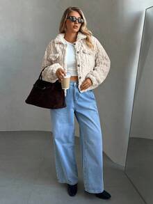 Auralis Plus Size Women's Solid Color Turndown Collar Long Sleeve Fleece Casual Jacket, Autumn/Winter Fall, Apricot Coats, Casual Outfit For Women, Women's Winter Jacket, Women's Winter Coat, Winter Clothes For Women - Apricot - View 4