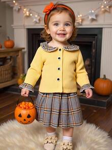 PrepCrw 2 pièces Ensemble chemise à manches longues jaune et jupe plissée pour bébé fille, élégant, polyvalent, col, motif patchwork à carreaux. Convient pour les sorties, les rassemblements, l'automne et l'hiver - Multicolore - Voir 2