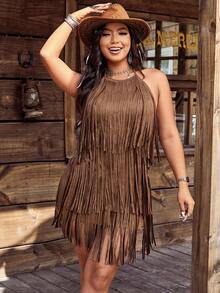 SHEIN LUNE 大码女式西部音乐节嬉皮摇滚流苏装饰露背无袖波西米亚风度假连衣裙 - 摩卡棕 - 查看 1