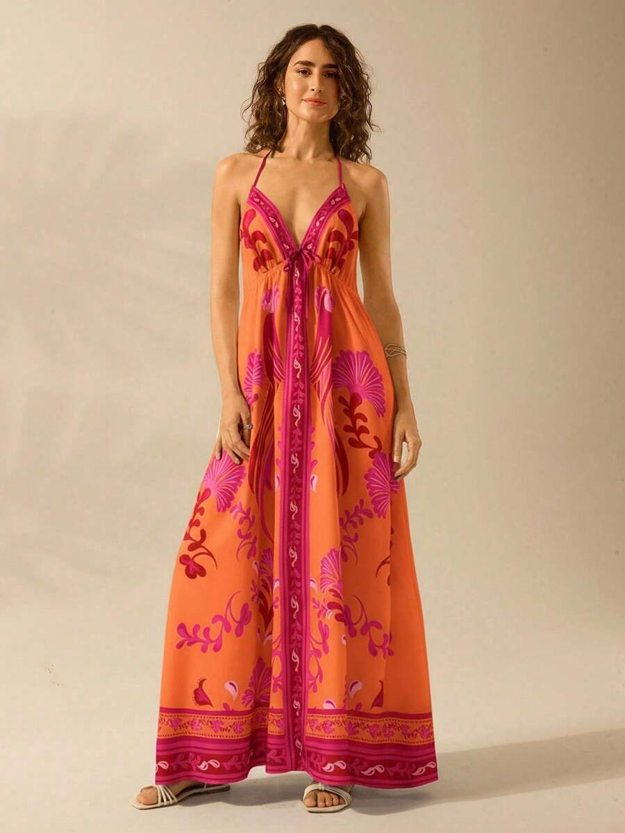 CAJUNI 女士度假热带波西米亚蓝白花卉鹦鹉印花吊带系带休闲海滩夏季长裙 - 彩色 - 查看 1