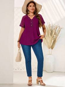EMERY ROSE Plus Size Purple Lace Stitching Raglan Sleeves Front Collar Stitching Lace Button Decoration Plus Size T-Shirt Casual Vacation Suitable For Spring And Summer Boho Women's Clothing
