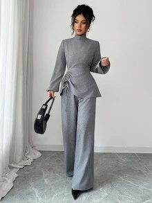 SHEIN Elenzya 2 件套优雅休闲立领灯笼袖收腰上衣和阔腿裤，适合教师，春秋季 - 灰色 - 查看 4