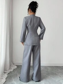 SHEIN Elenzya 2 件套优雅休闲立领灯笼袖收腰上衣和阔腿裤，适合教师，春秋季 - 灰色 - 查看 5