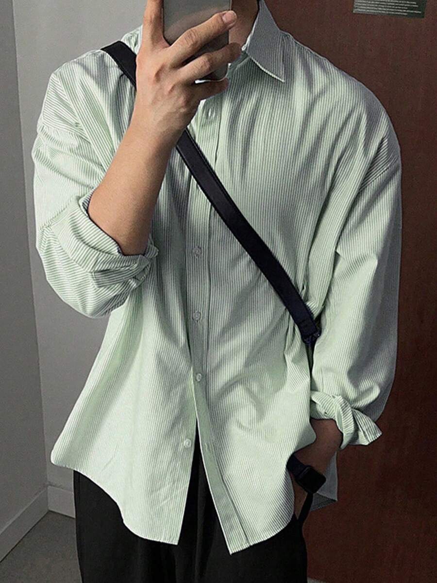 DAZY 男士休闲通勤条纹衬衫,时尚百搭,适合夏季、秋季穿着,长袖设计,复活节主题。 - 綠色 - 查看 1