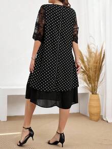 Miaspire Plus Size Round Neck Polka Dot Lace Splice Summer Elegant Dress