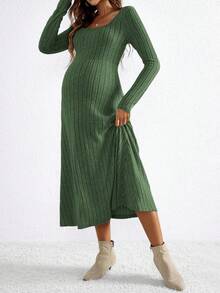 SHEIN Maternity Casual Sage Green Autumn Photoshoot Ribbed Knit Dress,Bump Friendly Solid Color High Waist Midi Dress - Army Green - View 3