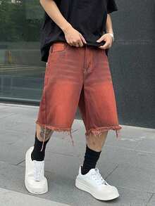 PAVTROS 男式口袋磨边宽松休闲牛仔百慕大短裤